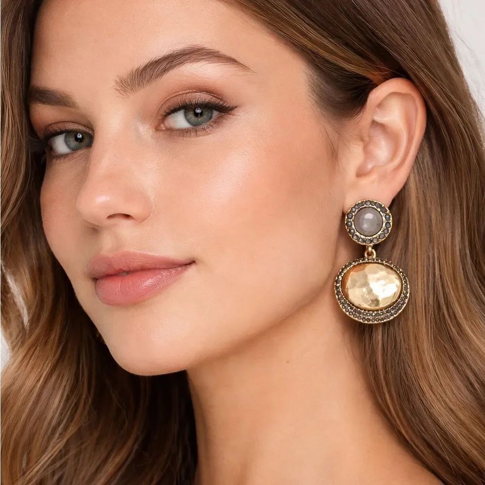 Gold Drop Statement Earrings with Black Accent Stones - Women Jewelry R357